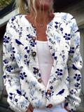 VYNORA™ | VINTAGE FLORAL BIRD PRINT BUTTON-FRONT CARDIGAN SWEATER