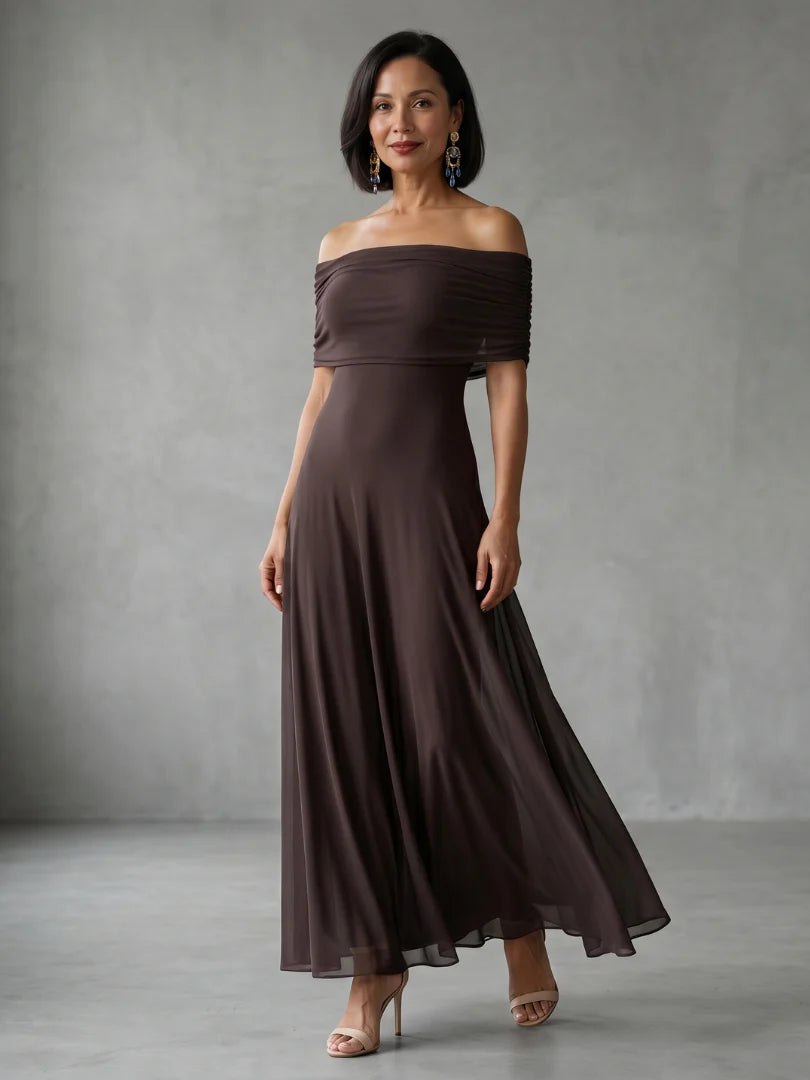 Cosma | Off Shoulder Draped Neckline Midi Dress