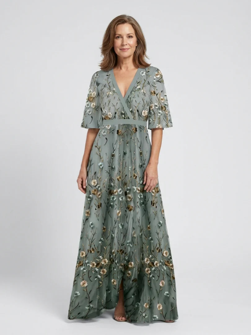Anne | Floral V Neck Short Sleeve Maxi Dress
