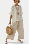 Drevon | Comfortable Minimalist Raw Blouse & Wide-Leg Pants