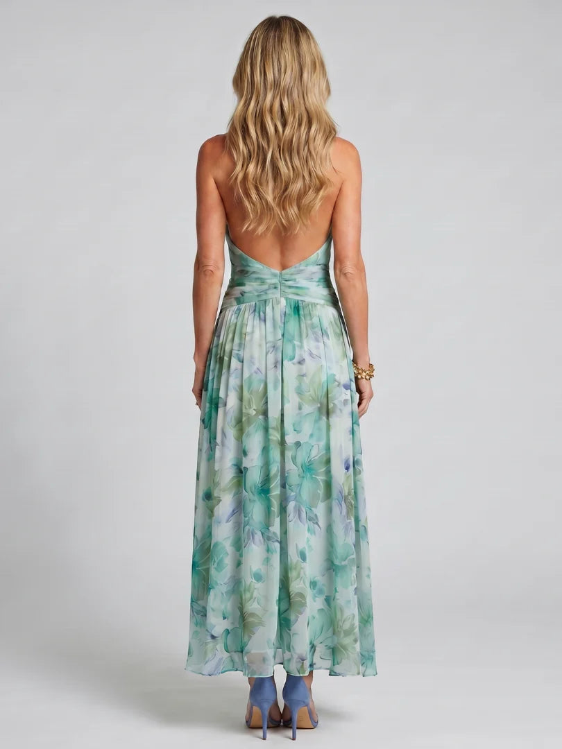 Portia | Pleated Halter Soft Floral Pattern Midi Dress