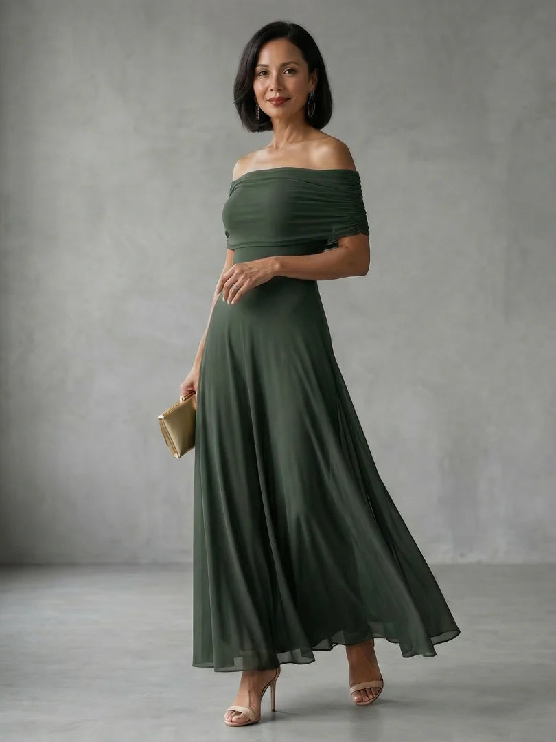 Cosma | Off Shoulder Draped Neckline Midi Dress