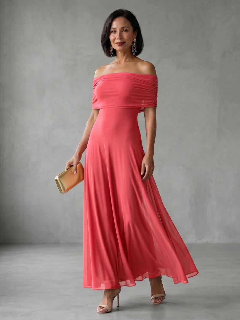 Cosma | Off Shoulder Draped Neckline Midi Dress