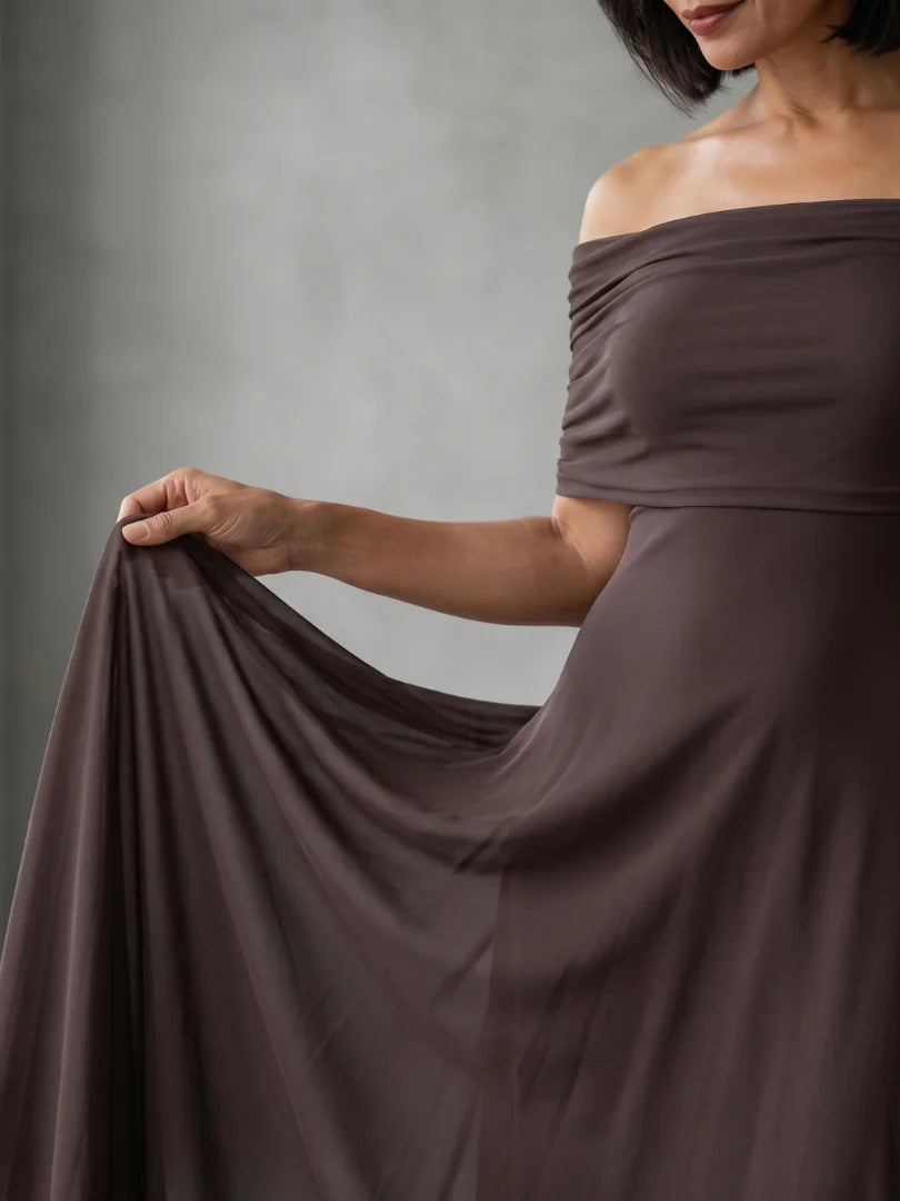Cosma | Off Shoulder Draped Neckline Midi Dress