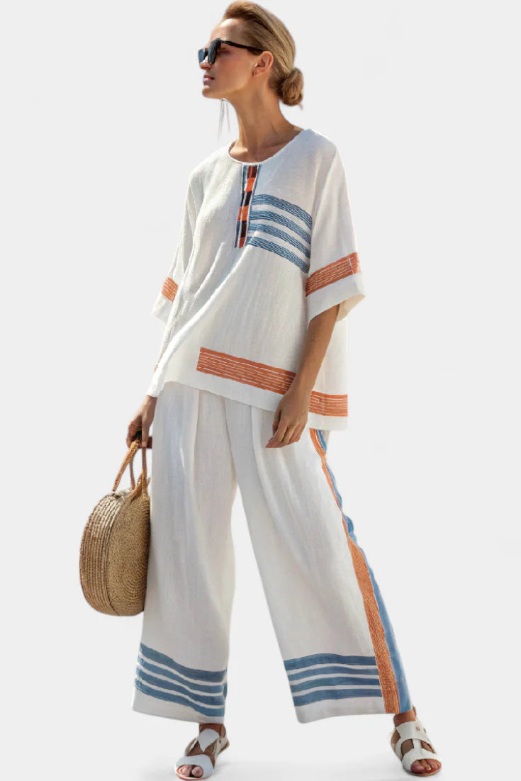 Marcellin | Sophisticated Blue-Orange Striped Top & Pants